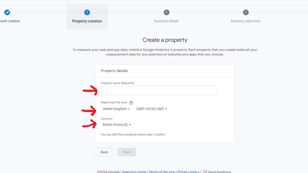 As a next step in GA4 setup fill property details, location and currency