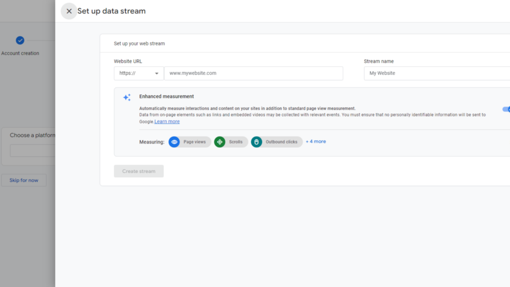 Select the data stream and click create stream while setting up GA4