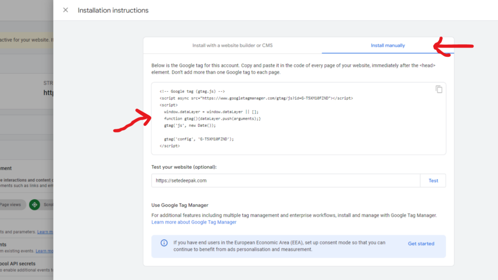 Code to be installed on Website for GA4 to track data. This is the final step in GA4 setup